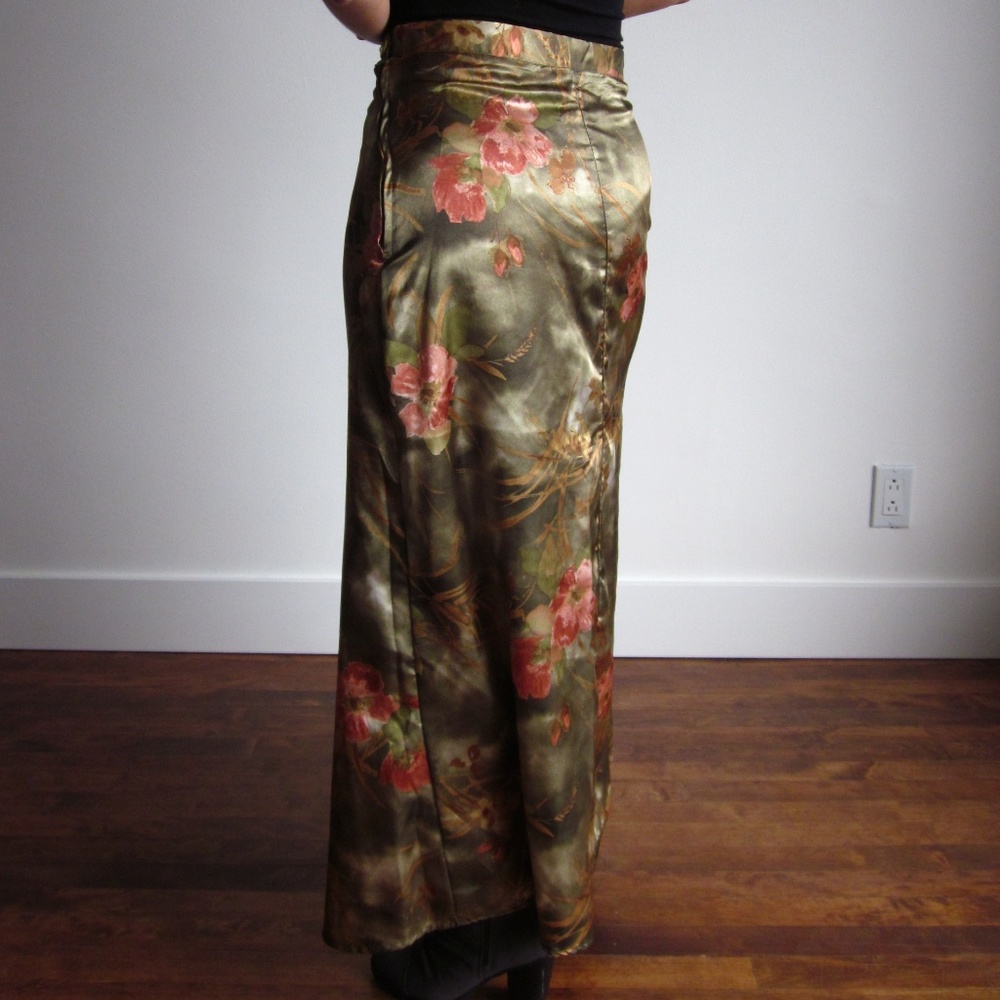 Satin Olive Green With Flowers Maxi Skirt